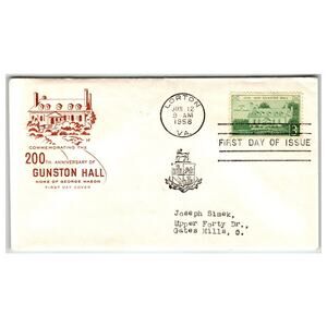 Scott #1103 1958 Gunston Hall 200th Anniversary First Day Cover FDC Unaddressed
